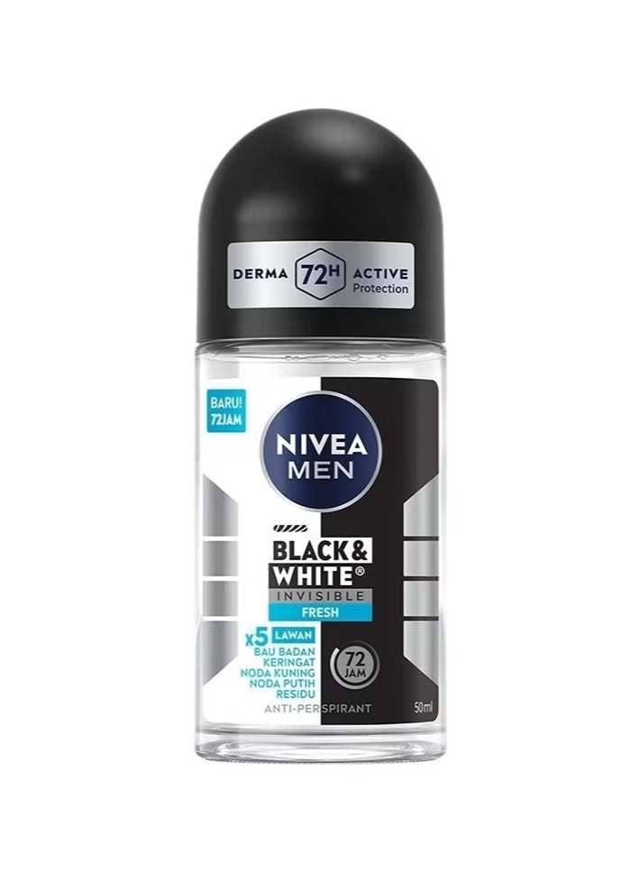 Black & White Invisible Roll-On Deodorant for Men, 72-Hour Effective Protection, 50ml